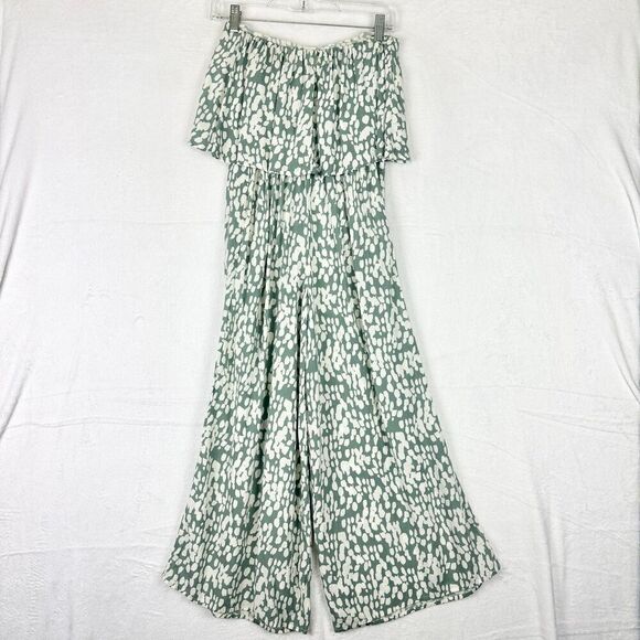 LSpace Paulina Strapless Jumpsuit Stone Steps Size XS Wide Leg Smocked Ruffle - Picture 5 of 8